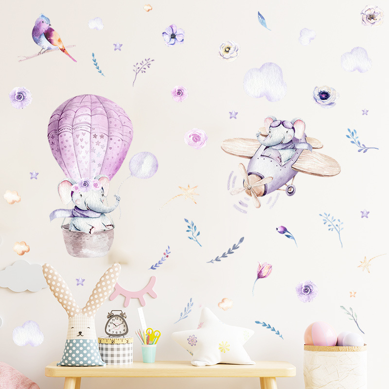 Light Pink Blue Hot Air Balloon Wall Stickers Cartoon Calf Elephant Fox Wallpaper For Kid's Bedroom Warm Home Decoration