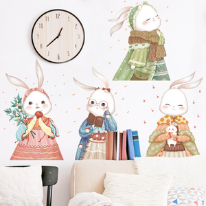 Four Cute Rabbits Wall Sticker Cartoon Bunnies Wallpaper For Kids Room Kindergarten Wall Mural Home Decoration