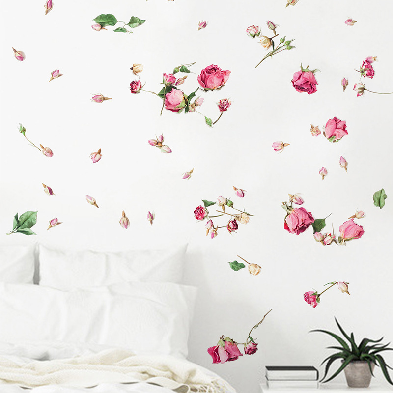 Falling Flowers Wallpaper Pink Blooming Rose Sticker For Women's Bedroom Creative Girl's Living Room Decorative Wall Decal