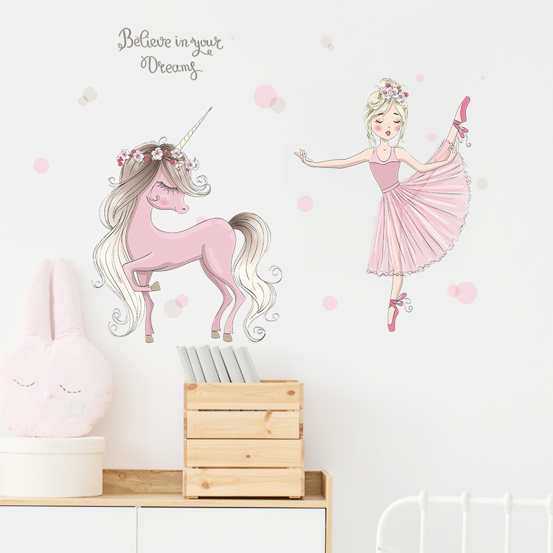 Little Ballet Princess Wallpaper Pink Unicorn With Wreath Stickers Dreamlike Bedroom Home Decoration Girl's Room Wall Decal