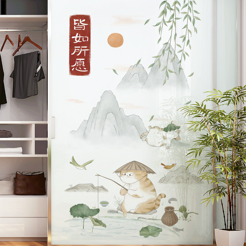 Fresh and beautiful Mountain Water Painting Wall Sticker Cartoon cute cat Decals  Living Room Decorative Wallpaper