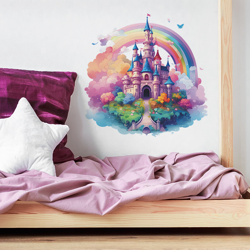 Cartoon painted castle Wall Sticker Dream Rainbow Castle Decals Living Room Decorative Wallpaper