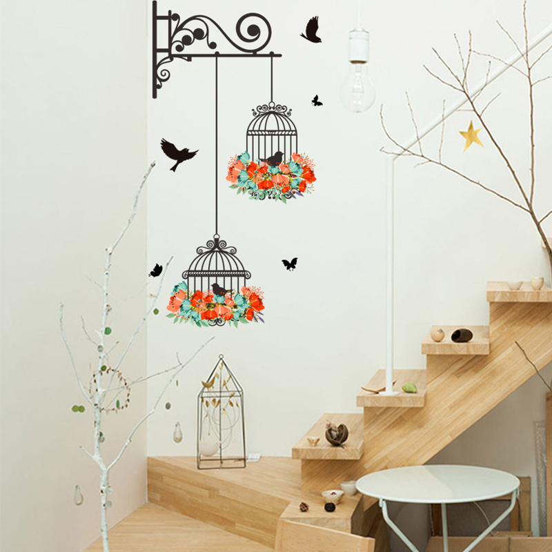 Blooming Flowers Birds Birdcage Stickers For Room Wall Creative Bedroom Home Decor Living Room Decorative Decals