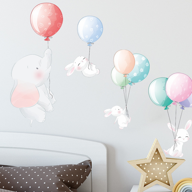 Creative Cartoon Calf Elephant Bunny Wall Decal Colorful Balloons Wallpaper For Kid's Bedroom Cute Children Living Room Sticker