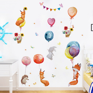 Cartoon Fox Bunny Hedgehog Wall Mural Colorful Balloons Flowers Basket Wallpaper For Kid's Bedroom Kindergarten Decor Stickers