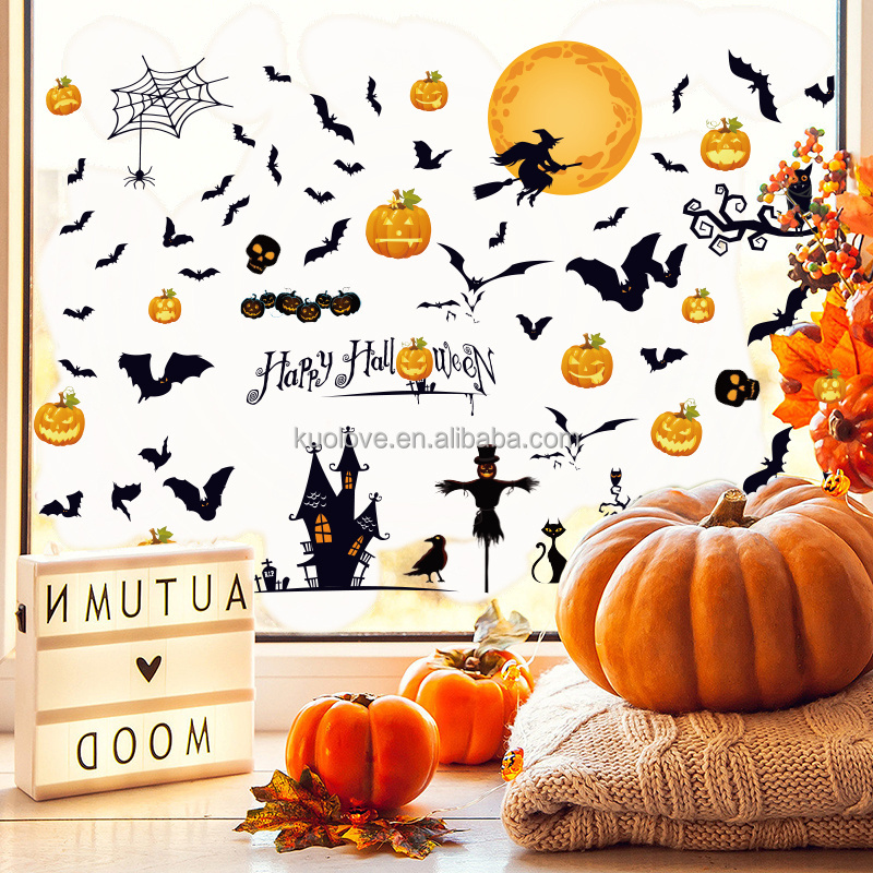 Halloween horror atmosphere pumpkin bat witch wall stickers living room bedroom vitrine decoration wallpaper