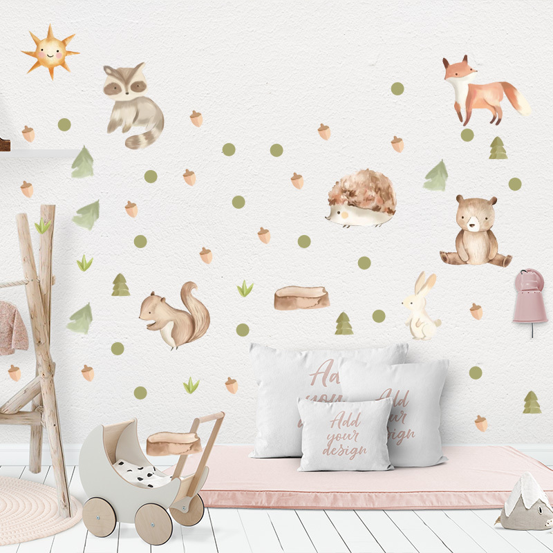 Cute Forest Animals Wall Sticker Cartoon Fox Bear Squirrel Hedgehog Wallpaper For Kid's Bedroom Kindergarten Creative Wall Decal