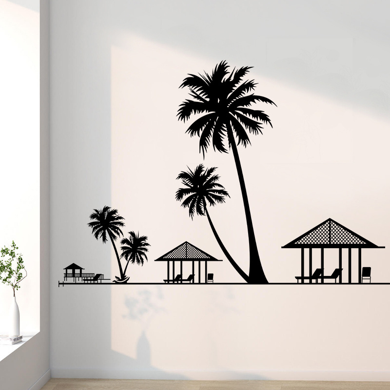 Seaside Resort Wall Sticker Beach Coconut Trees Wallpaper Creative Bedroom Decals Living Room Decorative Murals