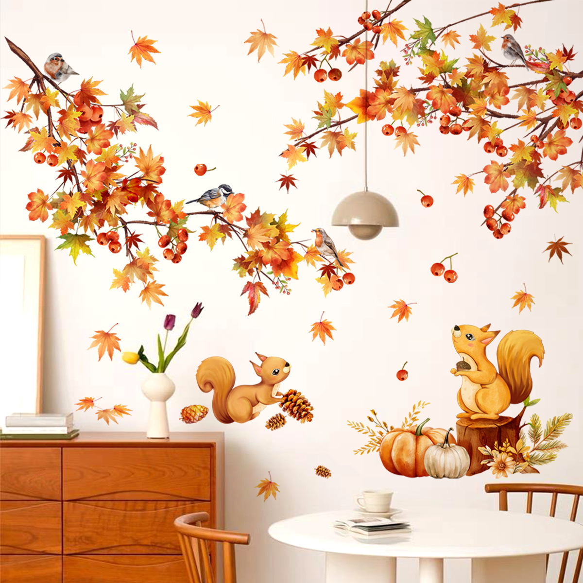 Maple leaves falling in autumn Wall Sticker Cartoon Squirrel Maple Leaf Branch Decals Living Room Decorative Wallpaper