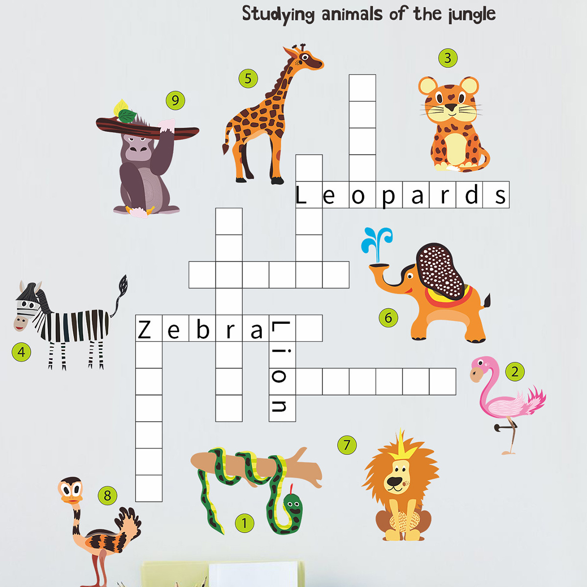 Studying Animals Of The Jungle Sticker Creative Animal English Letters Wallpaper Kid's Bedroom Wall Decal TV Background Mural