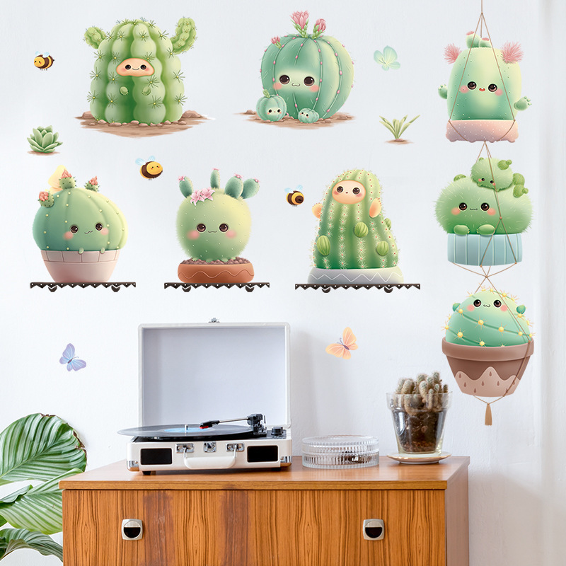 Potted Sprite Wall Sticker Cartoon Cute Cactus Decals  Living Room Decorative Wallpaper