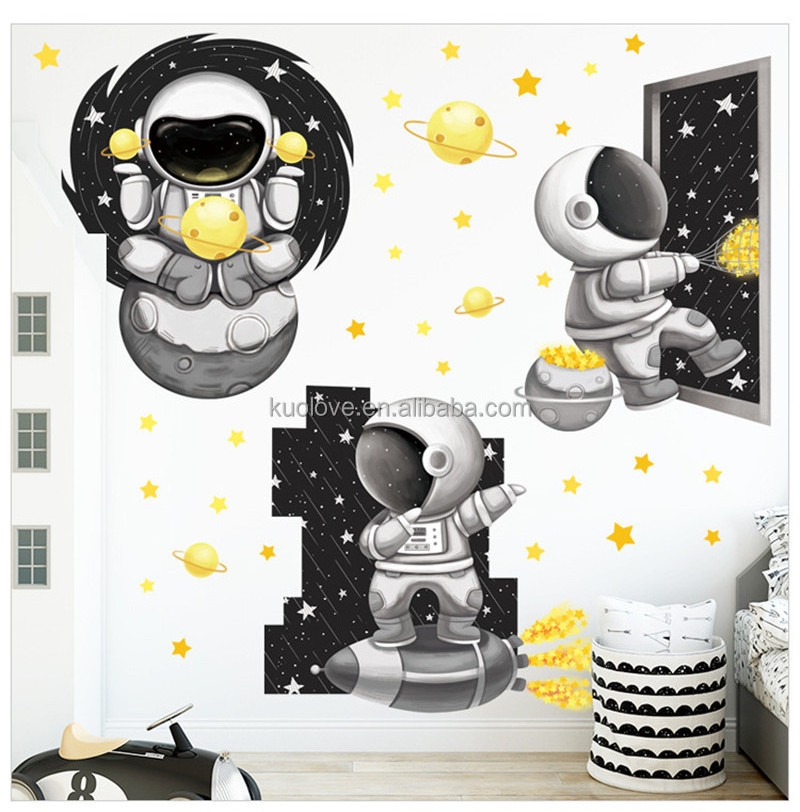 Astronaut Spaceship Cartoon Wall Sticker Black And White Space Planet Wallpaper Baby Boy Bedroom Decorative Wall Decal