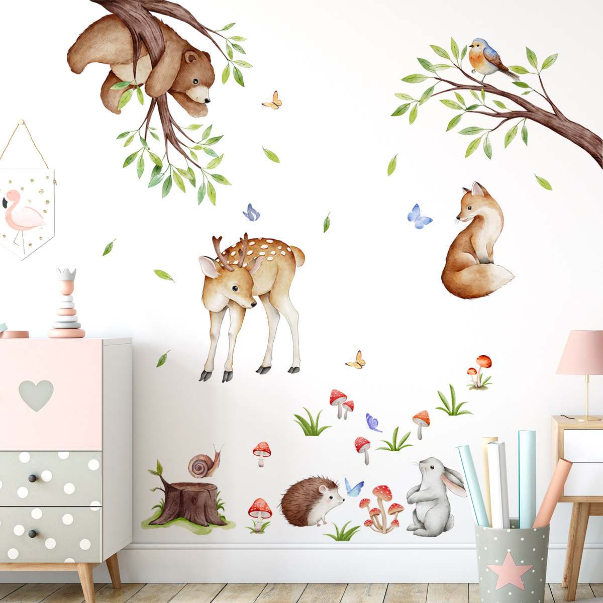 Forest Animal Gathering Wall Sticker Cartoon Bear Deer Rabbit Fox Decals Living Room Decorative Wallpaper