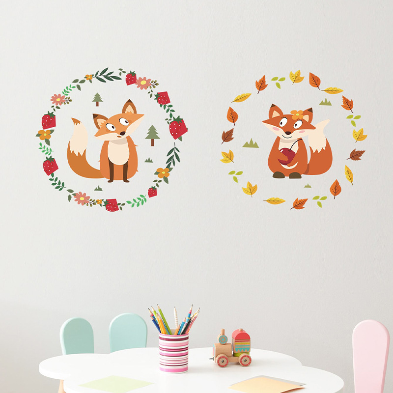 Cartoon little fox garland PVC wallpaper children's bedroom living room home decoration wall stickers self-adhesive stickers