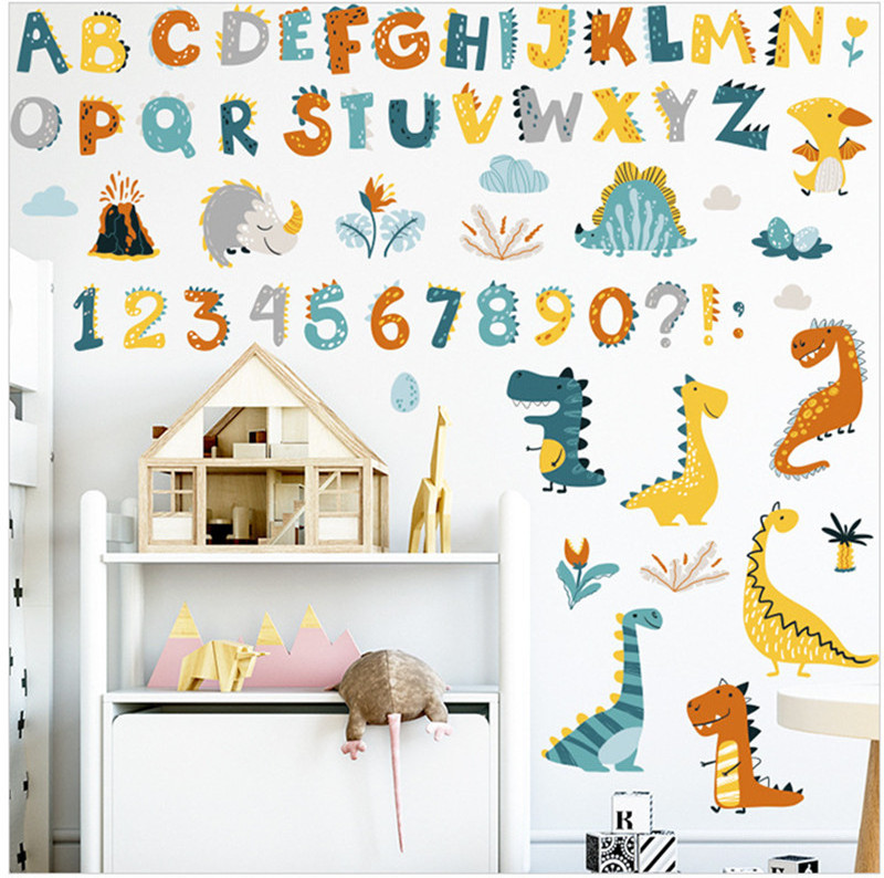 Cute Alphabet Numbers Stickers Cartoon Dinosaurs Cats Wallpaper For Bedroom Self Adhesive TV Background Decorative Wall Decals