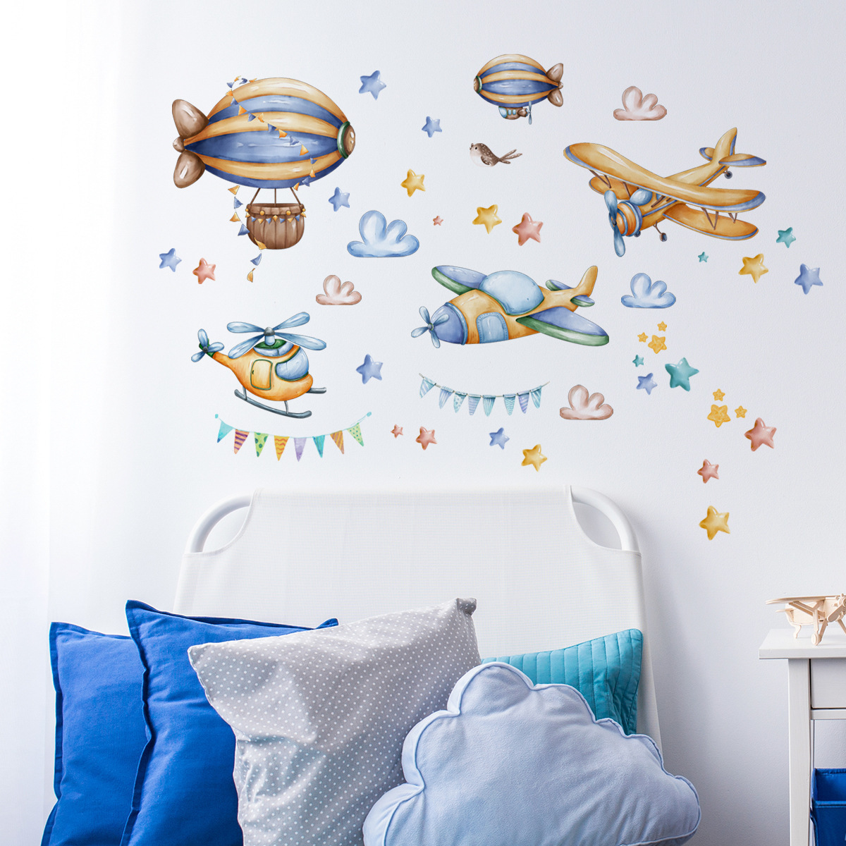 Cartoon old-fashioned airplane hot air balloon Wall Sticker Clouds stars flags Decals Living Room Decorative Wallpaper