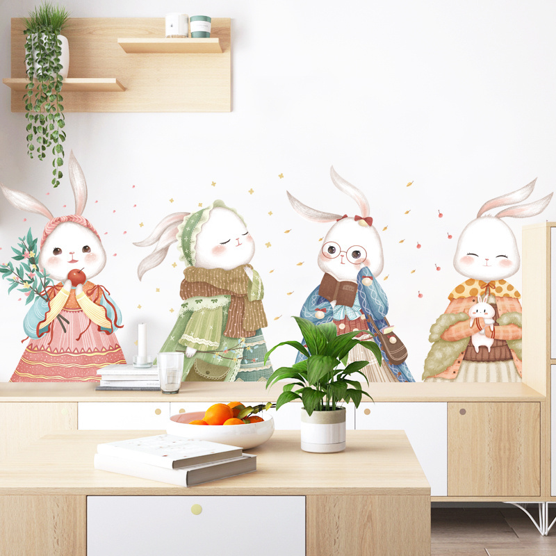 Four Cute Rabbits Wall Sticker Cartoon Bunnies Wallpaper For Kids Room Kindergarten Wall Mural Home Decoration