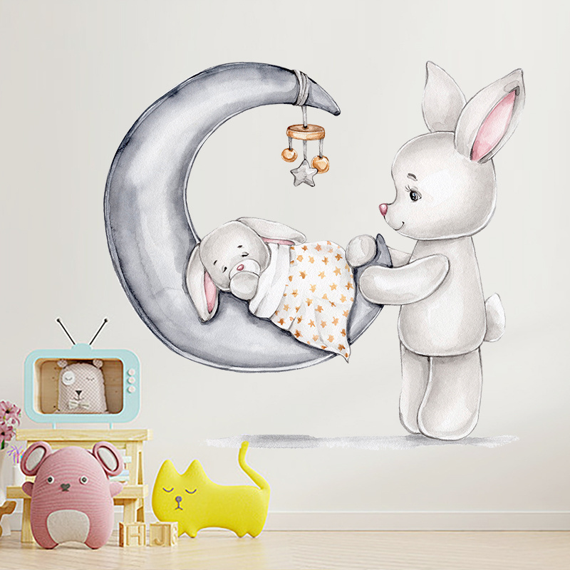 Sleeping Rabbit Baby Wall Stickers Living Room Cartoon Decals Creative Kid's Bedroom Wallpaper Children's Decorative Murals