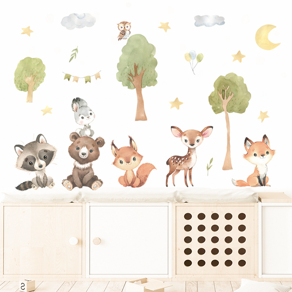 Forest Animals Wall Sticker Fox Rabbit Bear Sika Deer Wallpaper Creative Bedroom Decals Living Room Decorative Cartoon Murals