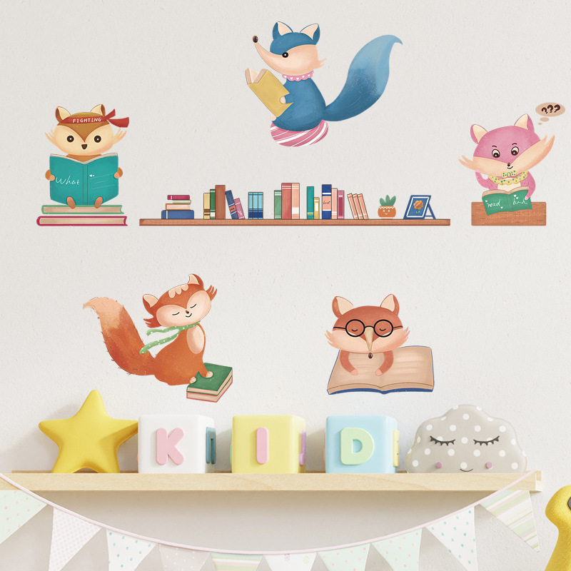 Cartoon Fox Wall Sticker Self Adhesive Fox Reading Bedroom Decals Creative Kid's Living Room Decorative Wallpaper