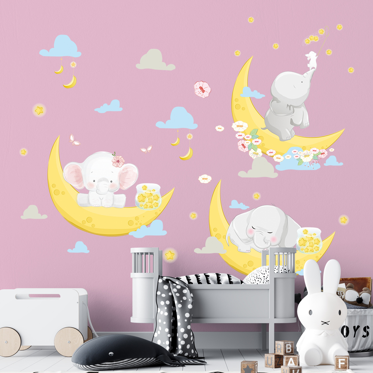 Cartoon Calf Elephant With The Moon Wall Sticker White Blue Clouds Wallpaper For Kid's Room Warm Bedroom Home Decor Wall Decal