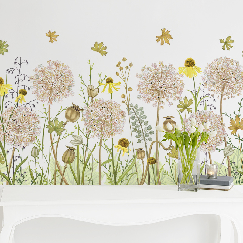 Cute Dandelion With Yellow Small Flowers Wall Sticker Plants Wallpaper Home Decoration For Girl Living Room Bedroom Wall Decal