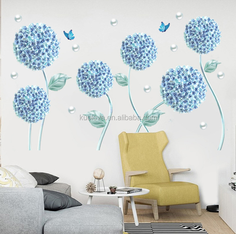 Blue Hydrangea Dandelion Butterfly Wall Decal White Pearl Wallpaper For Living Room Bedroom Home Decor TV Background Sticker