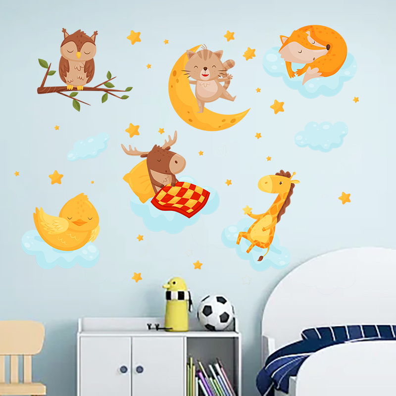 Cartoon Animals Wall Sticker Creative Owl Cat Fox Wallpaper Elk Giraffe Bedroom Decals Living Room Decorative Wallpaper