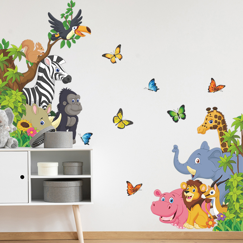 Jungle Animal Wall Sticker Lion Butterfly Cartoon Wallpaper Living Room Decorative Decal DIY Self Adhesive Forest Animals Mural