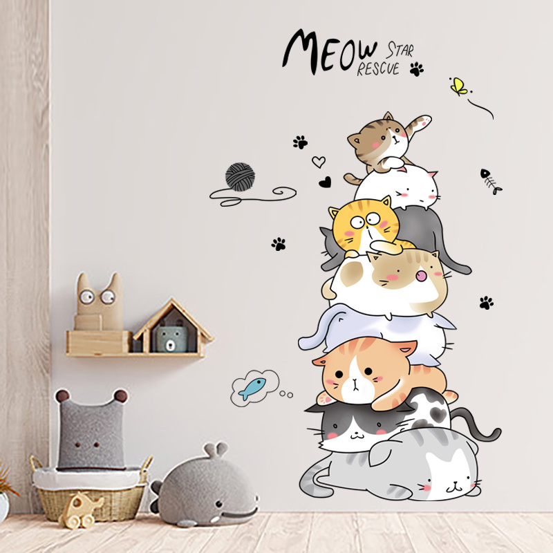 Cartoon Cats Wall Stickers Kid's Bedroom Decals Children Living Room Decorative Wallpaper Self Adhesive TV Background Mural