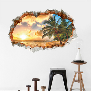 3D Broken Wall Stickers Sand Beach Setting Sun Coconut Tree Wallpaper For Bedroom Removable TV background Home Decor Decals