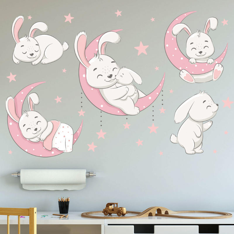 2023 News Sleeping Rabbits On Moon Stickers Cartoon Kid's Bedroom Wallpaper Creative Children's Living Room Decorative Decals