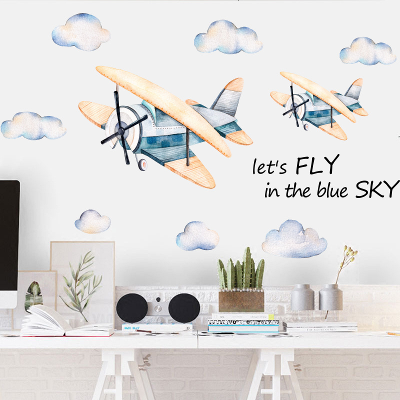 Cartoon Small Airplane Wall Sticker Cute White Cloud Wallpaper Let's Fly in The Blue Sky Wall Decal For Kid's Living Room Decor