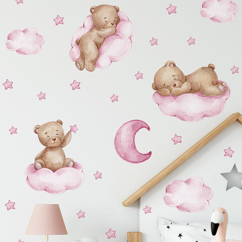 Pink Clouds Stars Wall Sticker Cartoon Bear Decal Cute Kid's Bedroom Cartoon Wallpaper Creative Living Room Decorative Murals