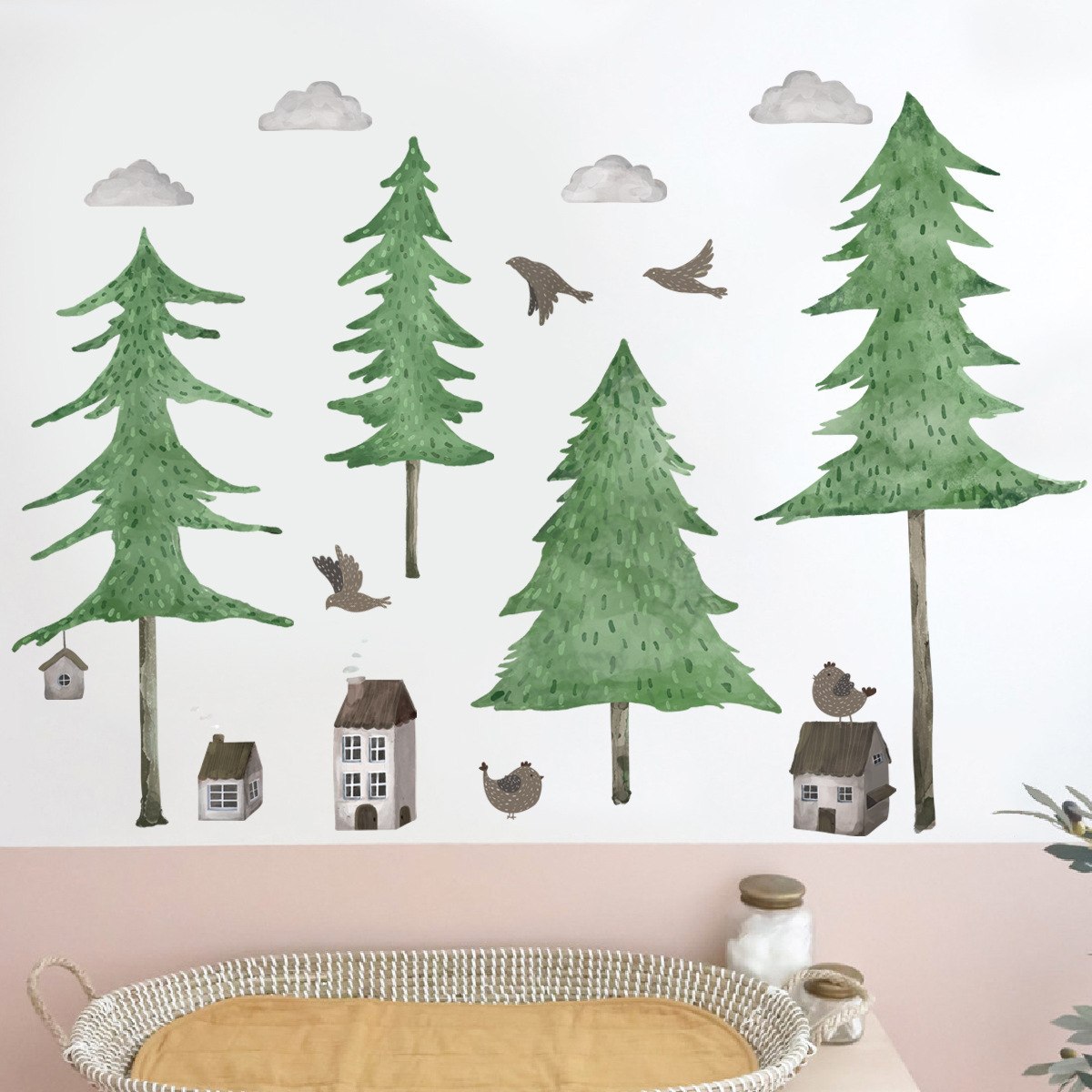 Creative Tall Pine Forest Wall Sticker Forest House  Decals Living Room Decorative Wallpaper