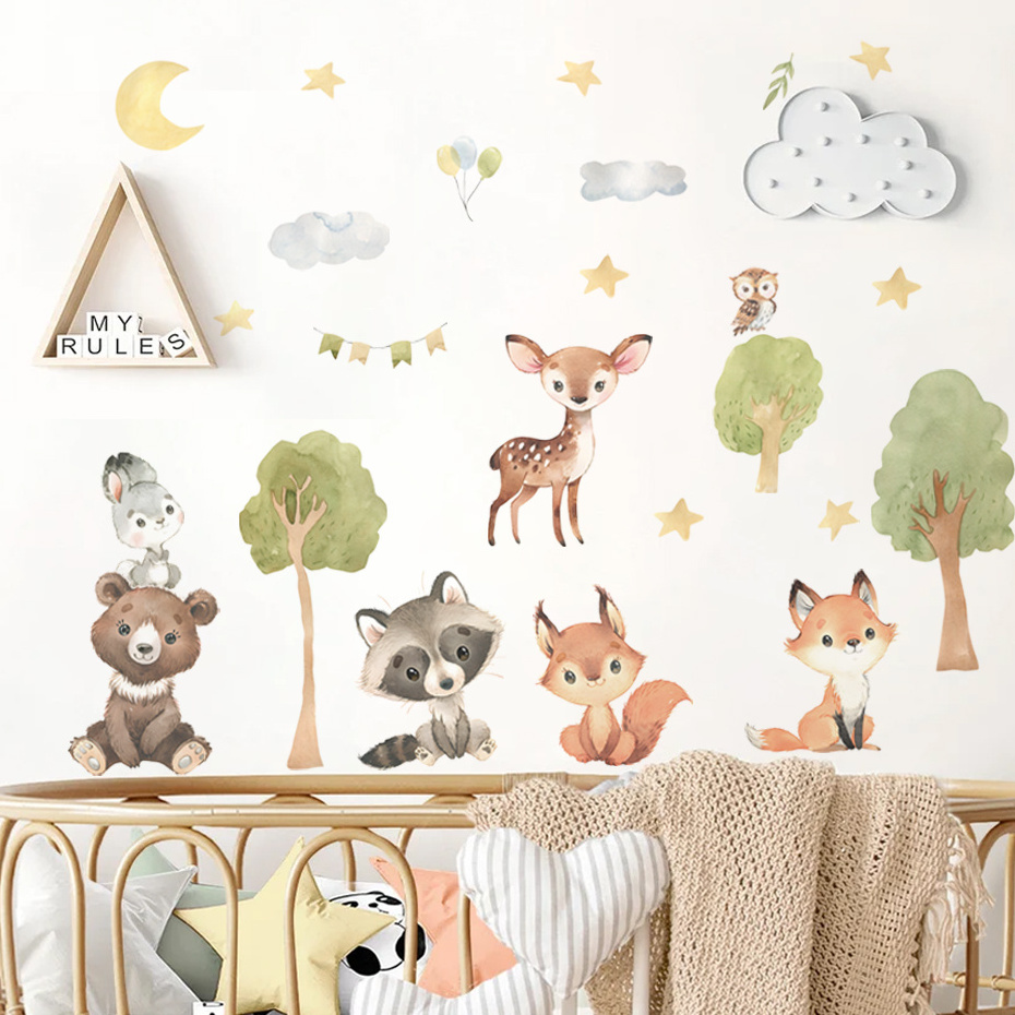 Forest Animals Wall Sticker Fox Rabbit Bear Sika Deer Wallpaper Creative Bedroom Decals Living Room Decorative Cartoon Murals