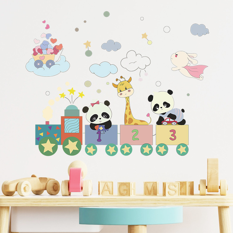 Cartoon Animals Train Wall Sticker Self Adhesive Panda Giraffe Decals Creative Kid's Living Room Decorative Wallpaper