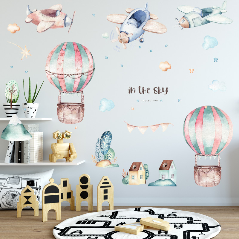 Cartoon Airplane In The Sky Wall Sticker Cute Hot Air Balloon Wallpaper For Kid's Bedroom Self Adhesive Kindergarten Wall Decal