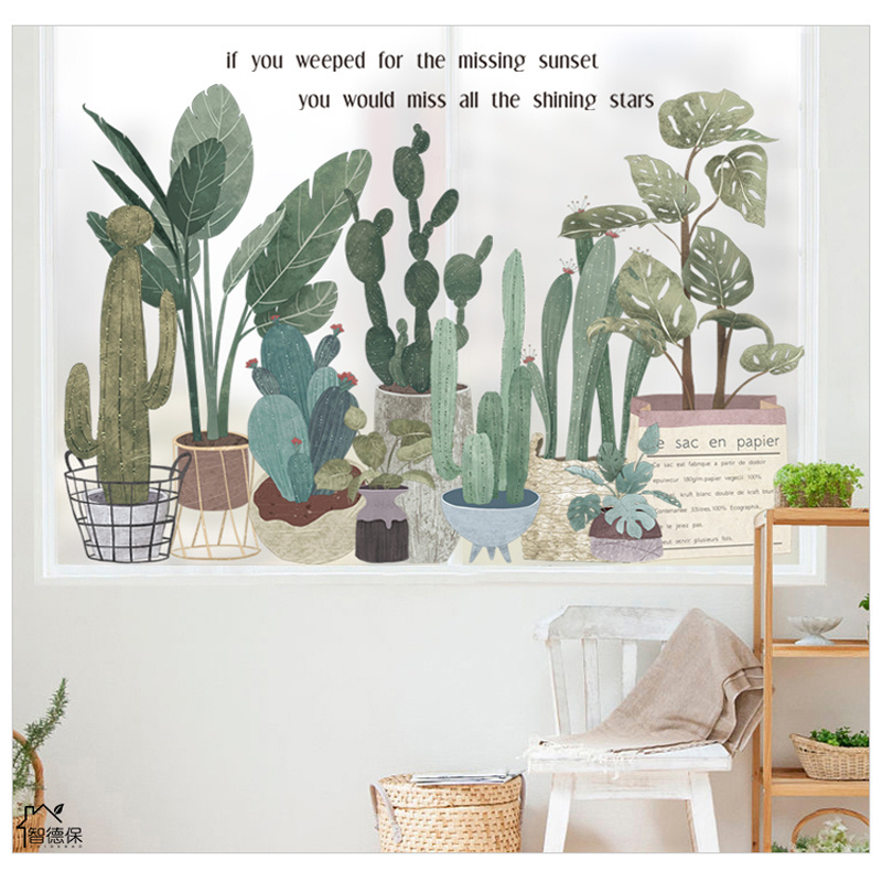 Green Leaf Potted Plants Wall Mural Cactus Fresh Style Wall Sticker For Living Room Bedroom Stickers TV Background Wall Decal