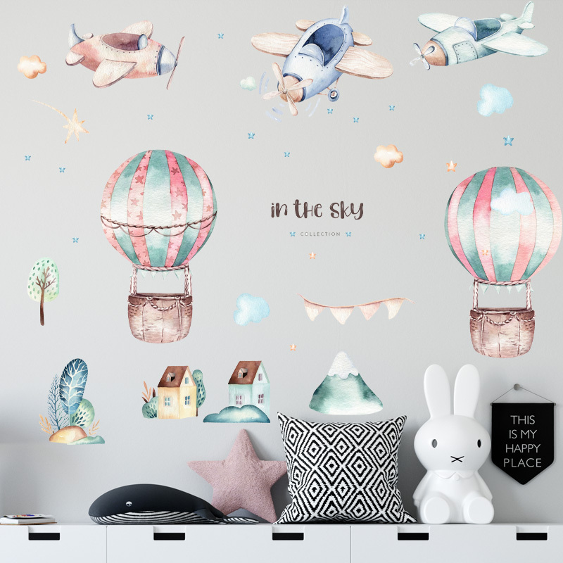 Cartoon Airplane In The Sky Wall Sticker Cute Hot Air Balloon Wallpaper For Kid's Bedroom Self Adhesive Kindergarten Wall Decal