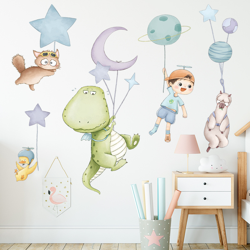 Dinosaur Cartoon Stickers Creative Little Boy Moon Stars Wallpaper For Bedroom Self Adhesive Kid's Living Room Decorative Decal