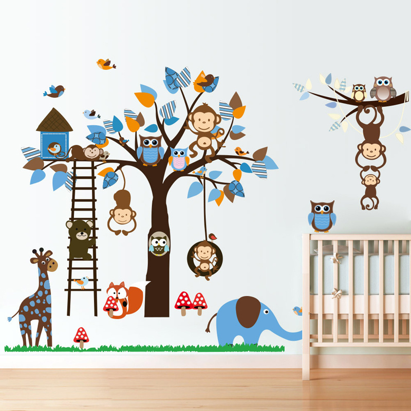 Fashion Cartoon Owl Monkey Wall Sticker Blue Leaves Tree Wallpaper Cute Home Decoration For Kid's Living Room Bedroom Wall Decal