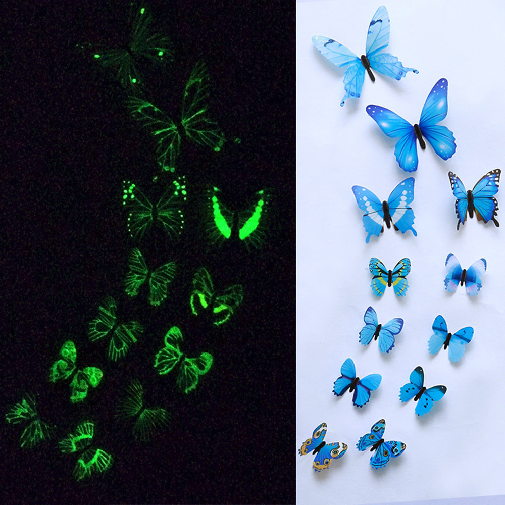 12pcs Luminous Butterflies Wall Mural Colorful Butterfly Glowing In The Dark Wall Stickers Home Decor For Living Room Wallpaper