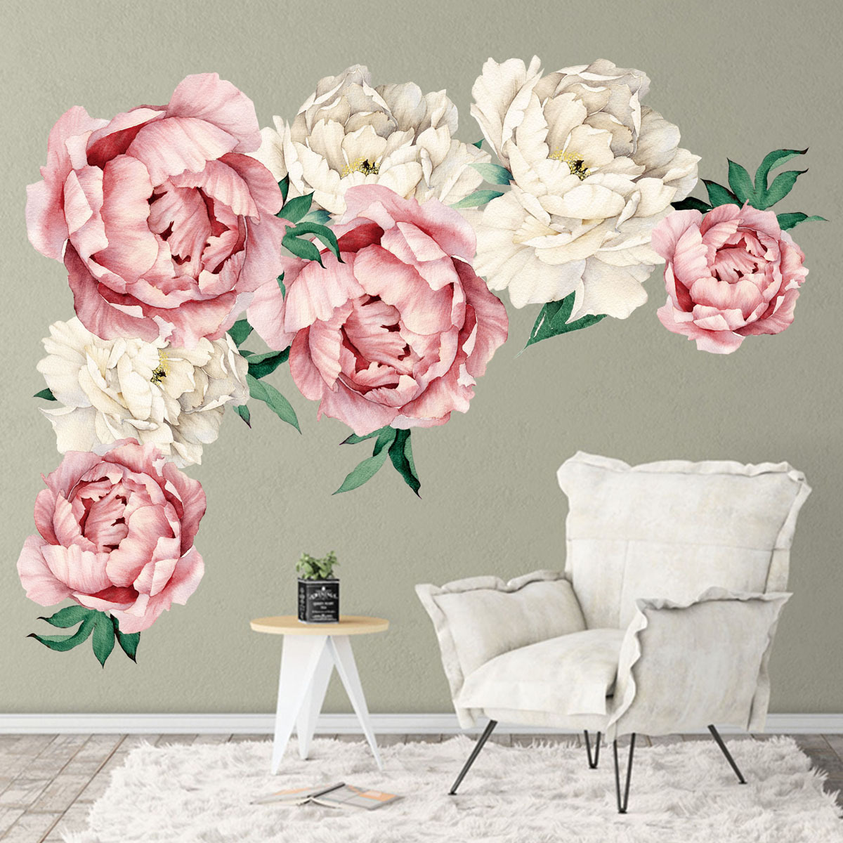 New Design Left Right Size Peony Wall Stickers Pink And White Blooming Flowers Wallpaper For Bedroom TV Background Wall Decal