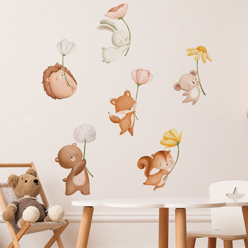 Cartoon animals Wall Sticker Flower Parachute Decals  Living Room Decorative Wallpaper