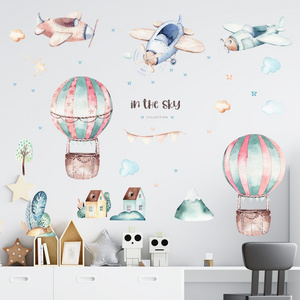 Cartoon Airplane In The Sky Wall Sticker Cute Hot Air Balloon Wallpaper For Kid's Bedroom Self Adhesive Kindergarten Wall Decal