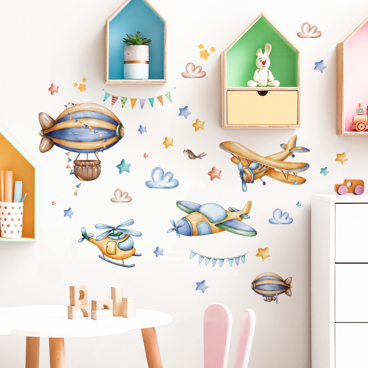 Cartoon old-fashioned airplane hot air balloon Wall Sticker Clouds stars flags Decals Living Room Decorative Wallpaper