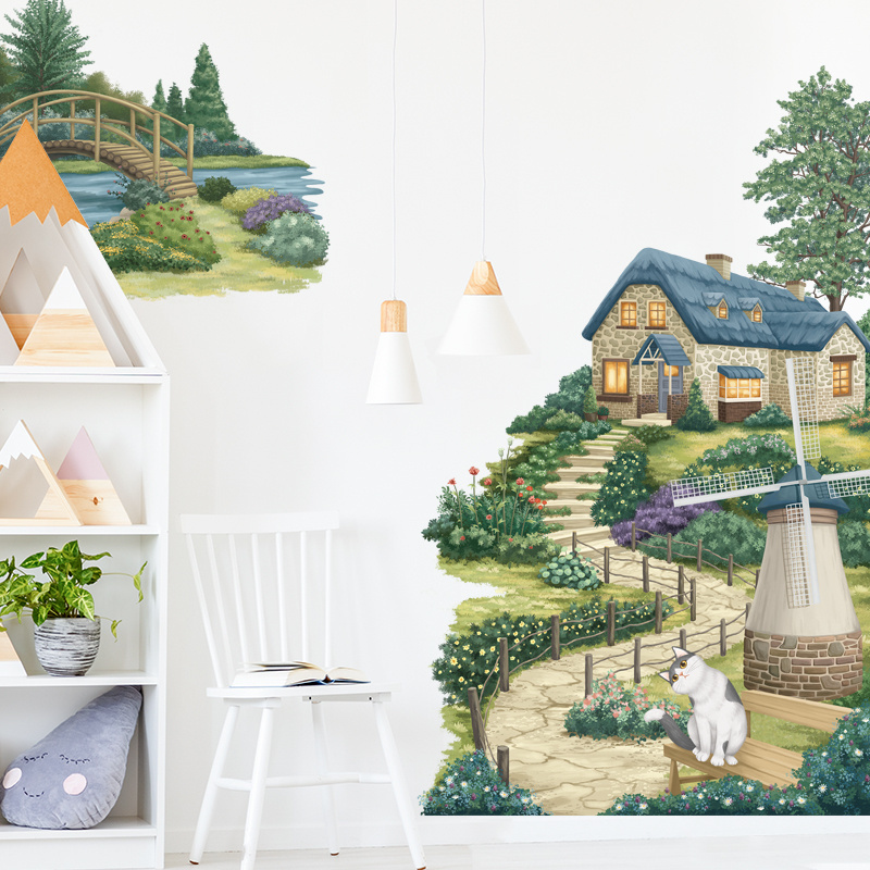 Cartoon Cat Forest House Wallpaper Plants Wall Decal Living Room Decorative Stickers Cats Music Sticker TV Background Mural