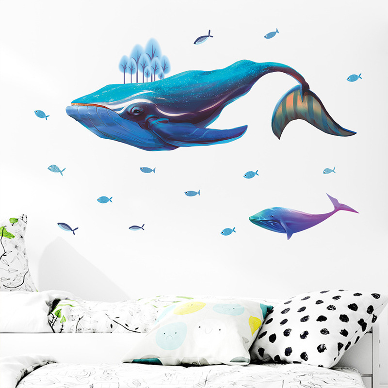 Blue Whale Fishes Wallpaper Kid's Bedroom Stickers Removable Children's Living Room Wall Decals