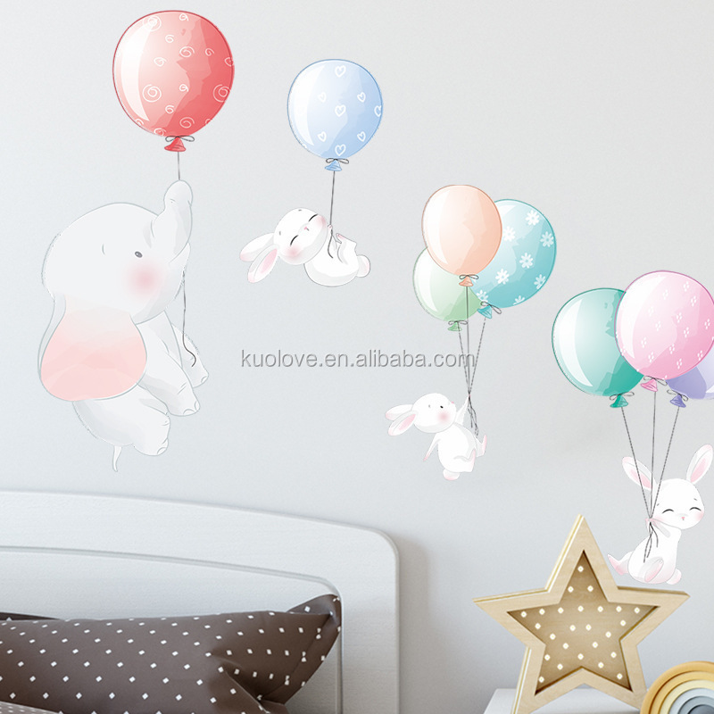 Creative Cartoon Calf Elephant Bunny Wall Decal Colorful Balloons Wallpaper For Kid's Bedroom Cute Children Living Room Sticker